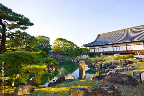 Nijo Castle  in Kyoto, Japan. The castle consists of two concentric rings of fortifications, the Ninomaru Palace, the ruins of the Honmaru Palace