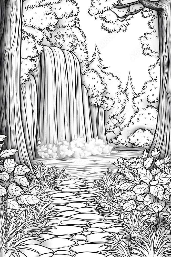 Fototapeta premium Waterfall cascading through a forest scene with lush greenery Generative AI