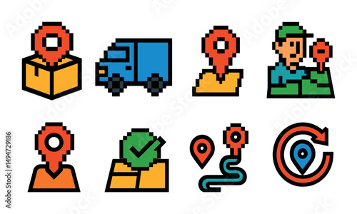 Delivery and logistics pixel art icons set – map, location, transportation symbols