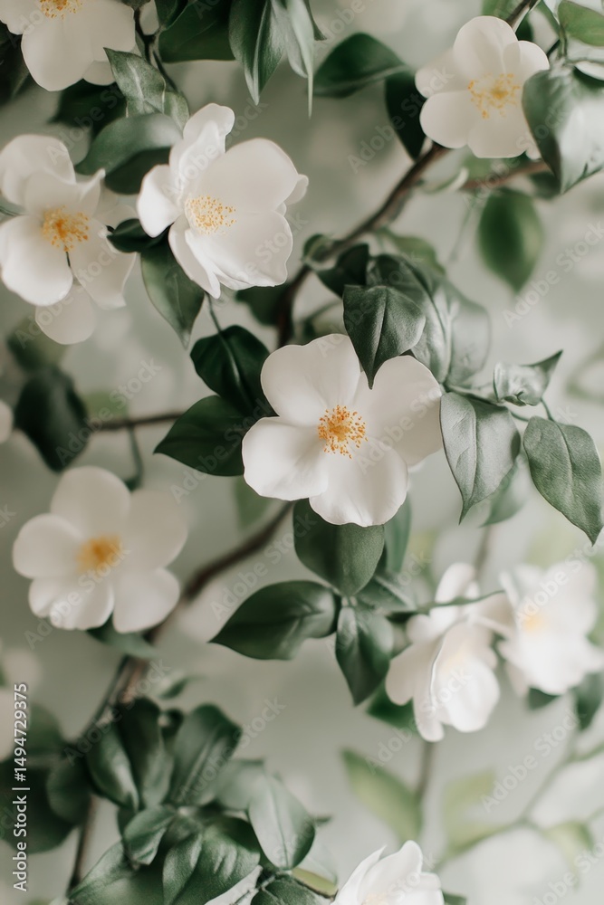 Obraz premium Delicate White Flowers, Green Foliage Background, Floral Photography, Nature, Soft Pastel Colors