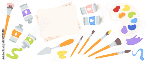 Paint brush tools set - colorful artistic supplies, painting accessories, artist palettes and spatula. Watercolor and gouache acrylic paintbrushes. Drawing instruments - creative craft equipment.