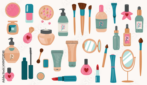 Flat design of cosmetics and beauty products. Illustration. White background, isolate