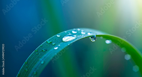 Macro shot of a leaf with a shiny dew drop under a blue sky