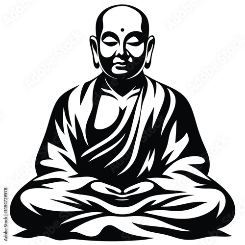 Stylized Black and White Illustration of a Seated Monk in Meditation Pose on a White Background                                                       