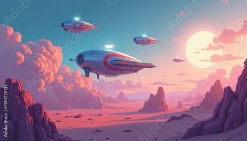 Vintage Flying Machines Over A Pink Sunset Landscape