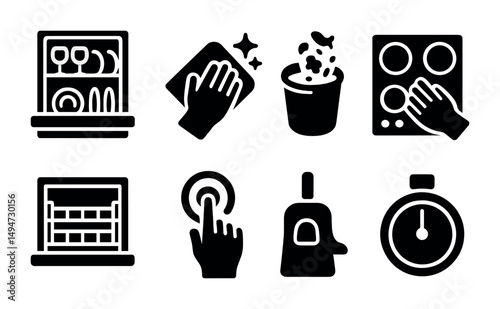 Kitchen cleaning solid icons set – chores, hygiene, household essentials graphics