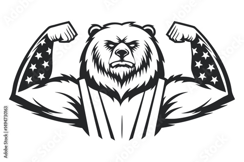Muscular Bear Illustration with Stars, Gym Concept in Black and White, Vector Design Element on an Isolated White Background                           photo