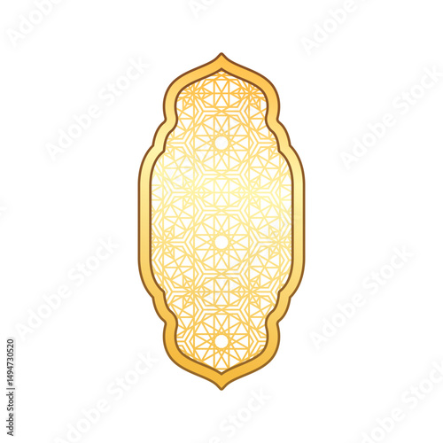Traditional Islamic window arch frame with Arabic arabesque pattern oriental style, Ramadan golden shiny vector design