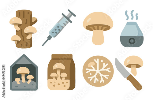 Mushroom cultivation flat icons set – filled, fungi, farming symbols