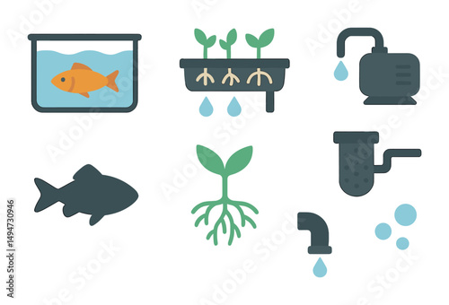 Aquaponics and fish farming icons set – flat, outline, sustainable agriculture symbols