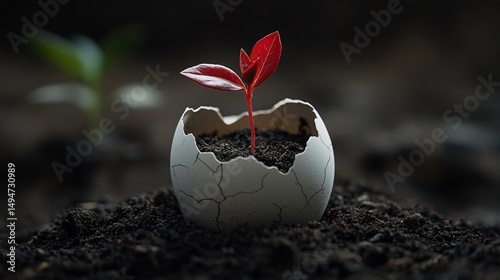 New Life Sprouting from Broken Eggshell in Rich Soil: A Symbol of Growth and Resilience