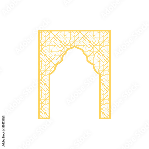 Traditional Islamic gate shape with Arabic beautiful arabesque pattern oriental style, vector golden Ramadan arch frame
