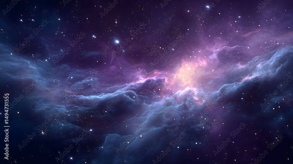 Obraz premium A stunning 3d depiction of faraway cosmic landscape with purple and blue nebula clouds lit by powerful shining supernova in dark sky