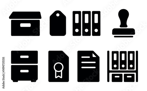 Office and organization solid icons set – filled, stationery, productivity tools