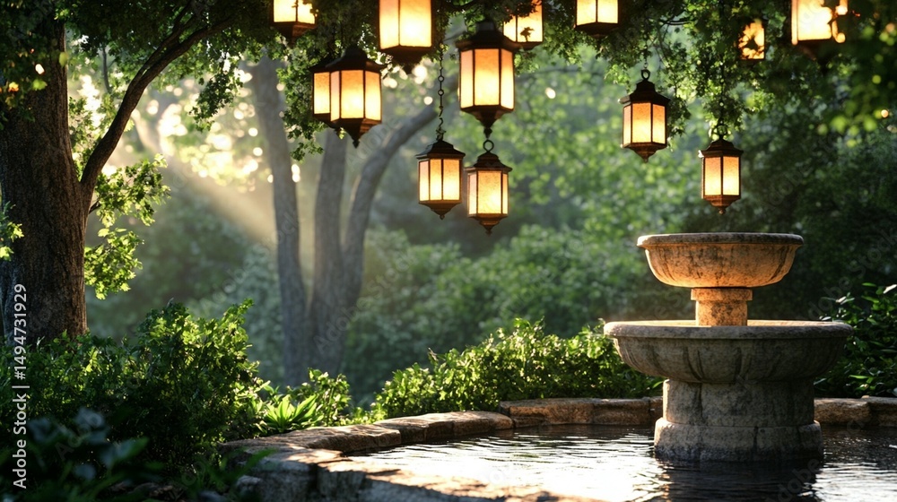 Fototapeta premium Enchanted Garden Fountain at Sunset