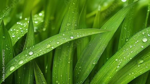 Close-Up of Dew Drops on Fresh Green Grass Leaves. Natural Spring Morning