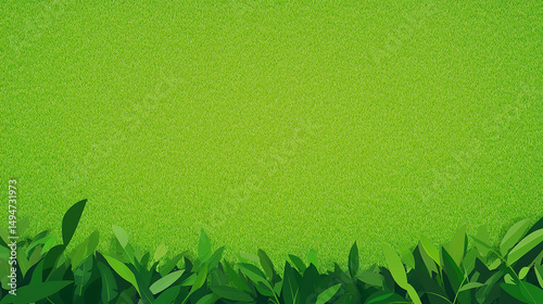 Green Grass Background with Leaves. Fresh Nature Design Template