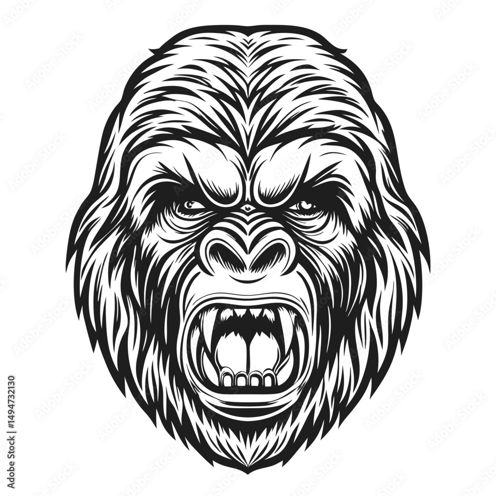 Fototapeta premium Detailed Vector Illustration of an Angry Gorilla Head with Open Mouth, Fangs Showing, Black and White Style, Isolated on White Background. 