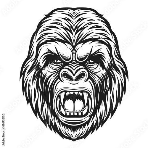 Detailed Vector Illustration of an Angry Gorilla Head with Open Mouth, Fangs Showing, Black and White Style, Isolated on White Background.            