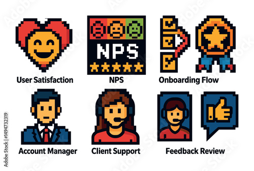 Customer feedback pixel art icons set – linear, user satisfaction, service review symbols