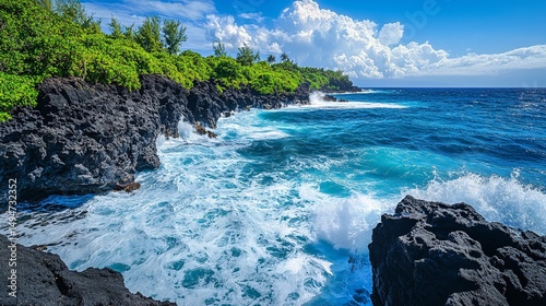 Vibrant ocean waves crash against a dramatic black volcanic rock coastline under a bright sunny sky tropical paradise