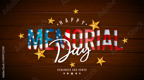 Memorial Day of the USA Banner Illustration with American Flag, Gold Star and Typography Lettering on Vintage, Wood Background. Vector National Patriotic Celebration Design for Postcard, Flyer