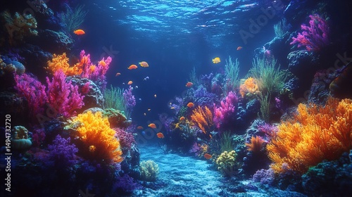 A coral reef glowing with bioluminescent marine creatures at night 