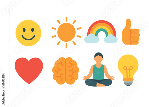 Wellness and mindfulness icons set – flat, solid, mental health and meditation symbols