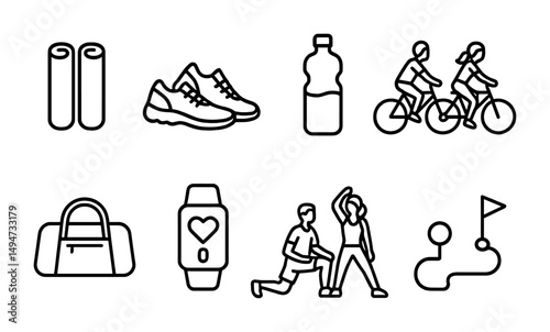 Workout and fitness outline icons set – linear, gym, exercise symbols for wellness