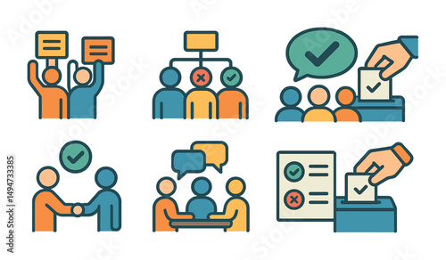 Voting and election outline icons set – linear, solid, ballot and democracy symbols