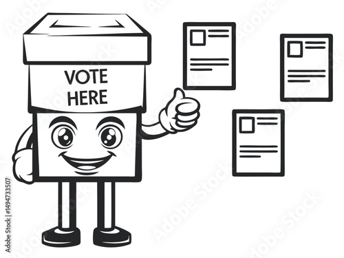 Friendly Voting Box Cartoon Character with Thumbs Up and Election Ballots in Black and White Style Vector Illustration                                