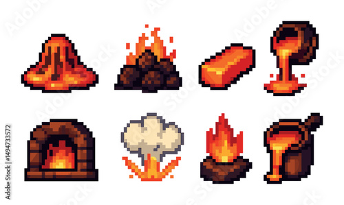 Volcano and fire pixel art icons set – eruption, lava, heat symbols