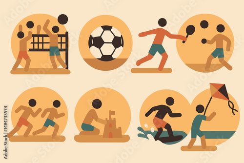 Beach and sports silhouette icons set – flat, active lifestyle and leisure symbols