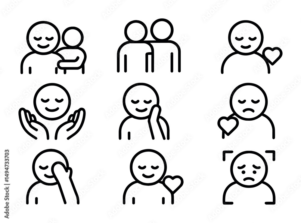 Mental health and support icons set – outline, linear, wellness symbols Mental health and support icons set – outline, linear, wellness symbols