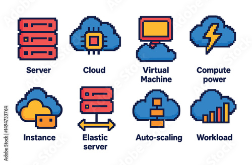 Tech and cloud pixel art icons set – digital, server, computing symbols