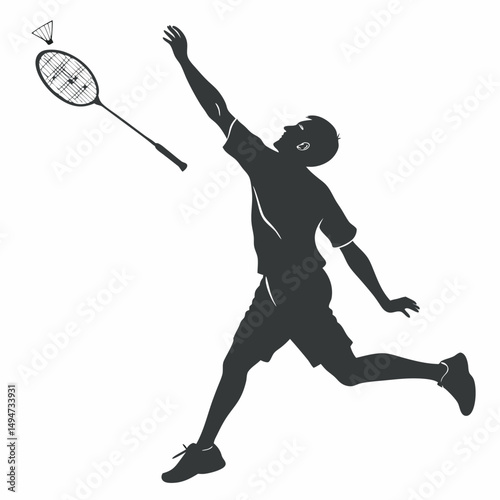 Badminton player silhouette mid serve reaching for shuttlecock sport vector illustration