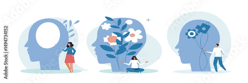Mental health illustration set. Character with mental disorder fight against stress, depression, emotional burnout and other psychological problems. Psychotherapy concept