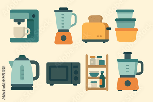 Kitchen appliances flat icons set – culinary, cooking, and gadget symbols