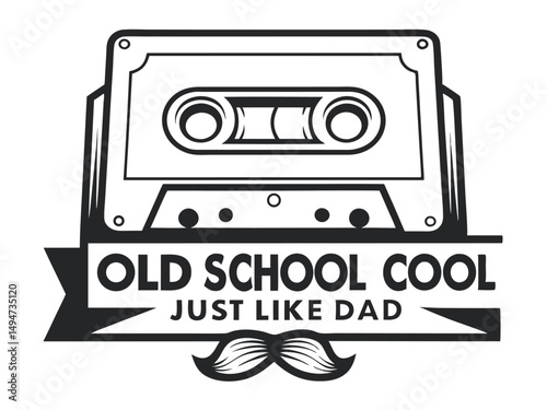Retro Cassette Tape Design with 'Old School Cool' Slogan, Monochrome Illustration Style for Prints and Stickers                                       