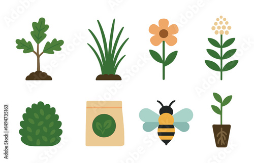 Gardening and plant flat icons set – horticulture, botanical, nature symbols