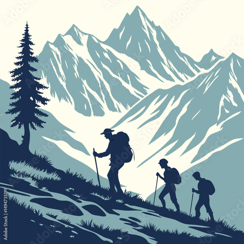 Man hiker with backpack, mountain peak adventure silhouette 