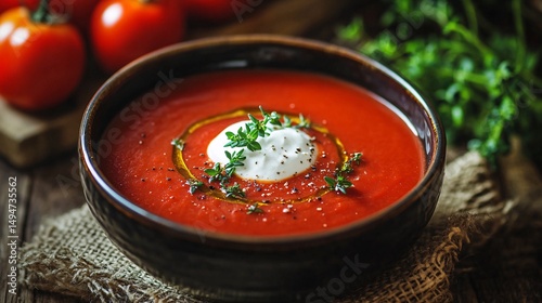 Delicious Homemade Tomato Soup Recipe Garnished with Cream and Herbs