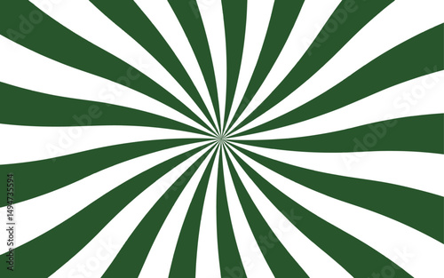 Abstract contrast radial burst pattern featuring alternating green and white twisted rays. Radiate symmetrically  central vanishing point with  hypnotic, spiraling motion effect.