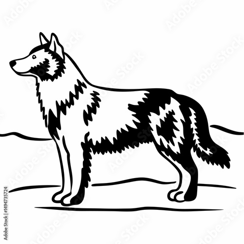 Black and white vector drawing of a wild wolf or domestic dog silhouette