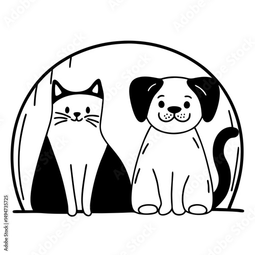 Cute cartoon black and white cat and dog with a mouse, happy pets illustration