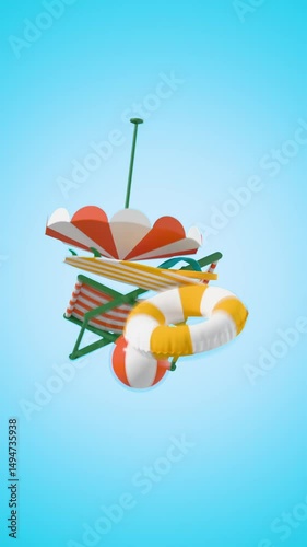 Sunscreen tube and beach accessories floating in the air in blue background. Zero gravity effect. 3D animation. Advertising promo for sunscreen cream