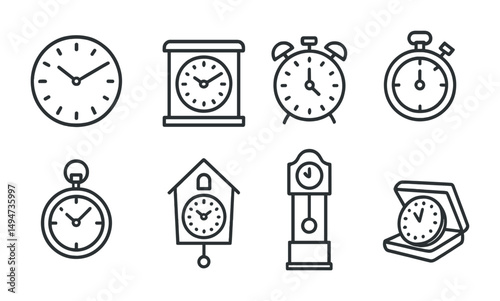 Clock and time outline icons set – minimalist, linear, timekeeping symbols