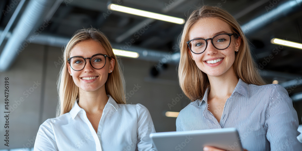 Fototapeta premium Two young women with glasses smiling in a modern office setting, one holding a digital tablet.