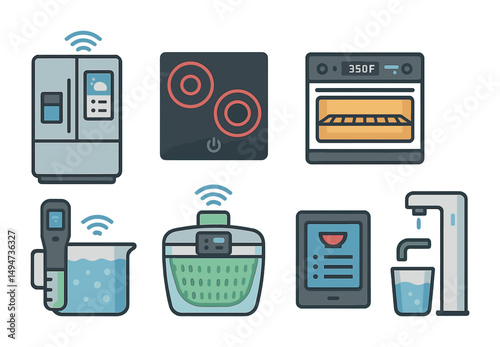 Smart kitchen appliance icons set – flat, outline, cooking and home technology symbols