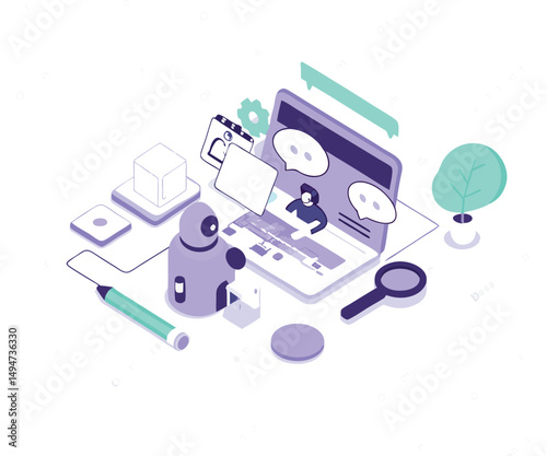 Prompt engineering concept. Characters working with generative AI model tools. Deep learning, artificial intelligence, algorithm